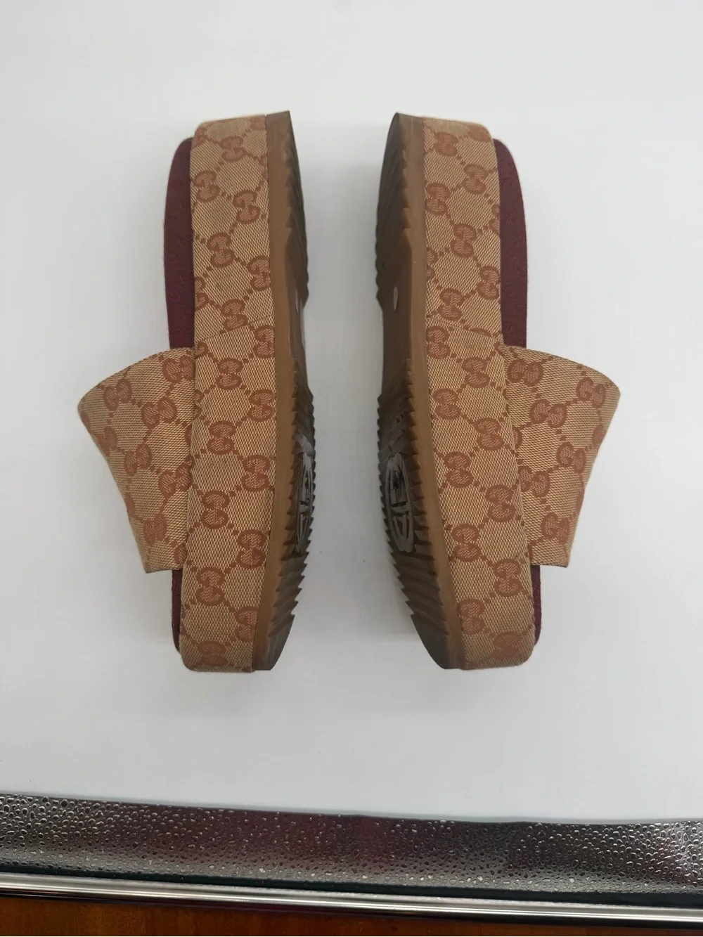 Gucci Tan Monogram Platform Slide Sandals - Women Sz 38 EU